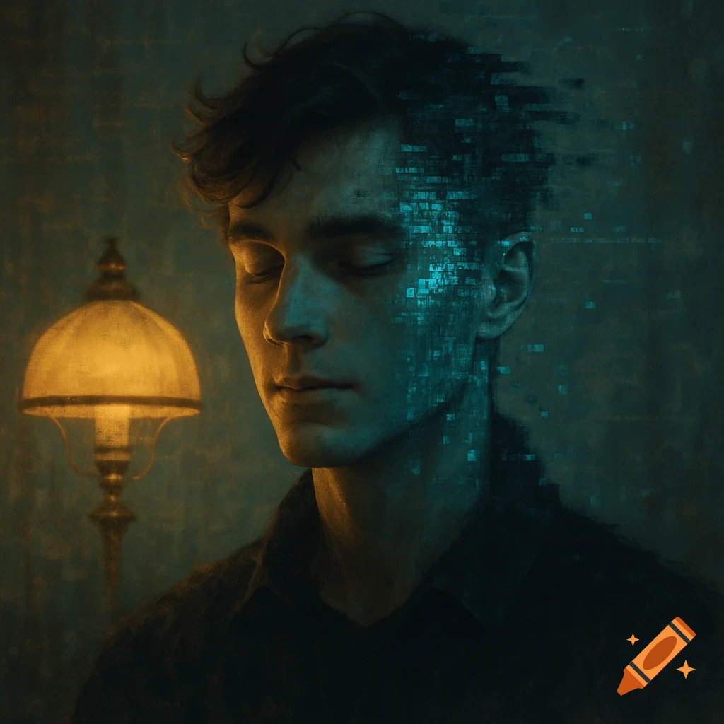 A young man's portrait, one side softly lit by a lamp, the other dissolving into electric teal digital glitches and code. Digital painting.