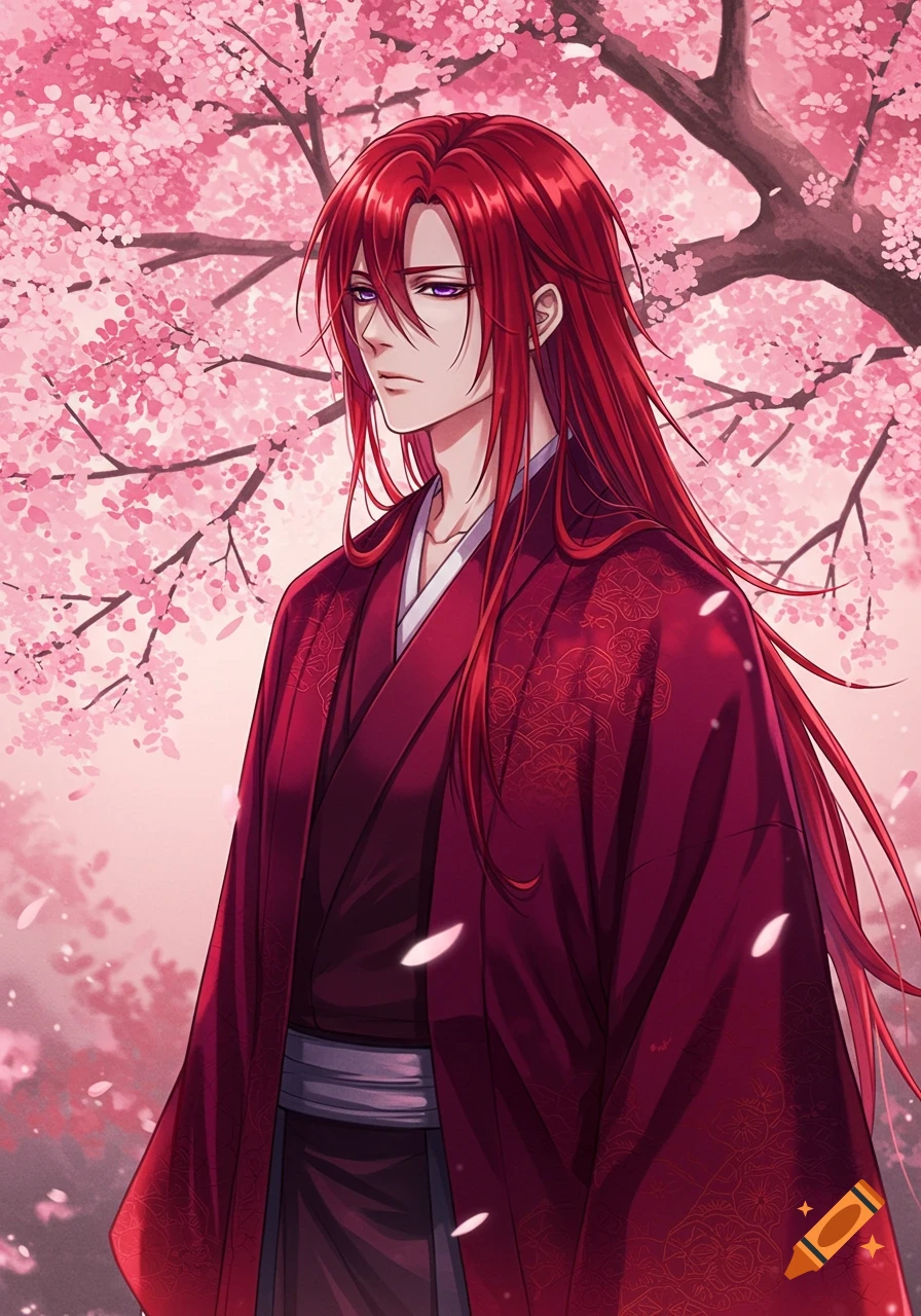 Anime man with long red hair and purple eyes in a burgundy Japanese kimono stands among pink cherry blossoms.
