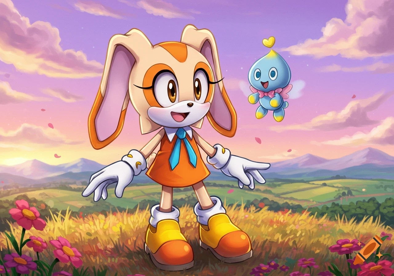 Cream the Rabbit and Cheese the Chao in a vibrant field with flowers under a sunset sky, in an anime style.