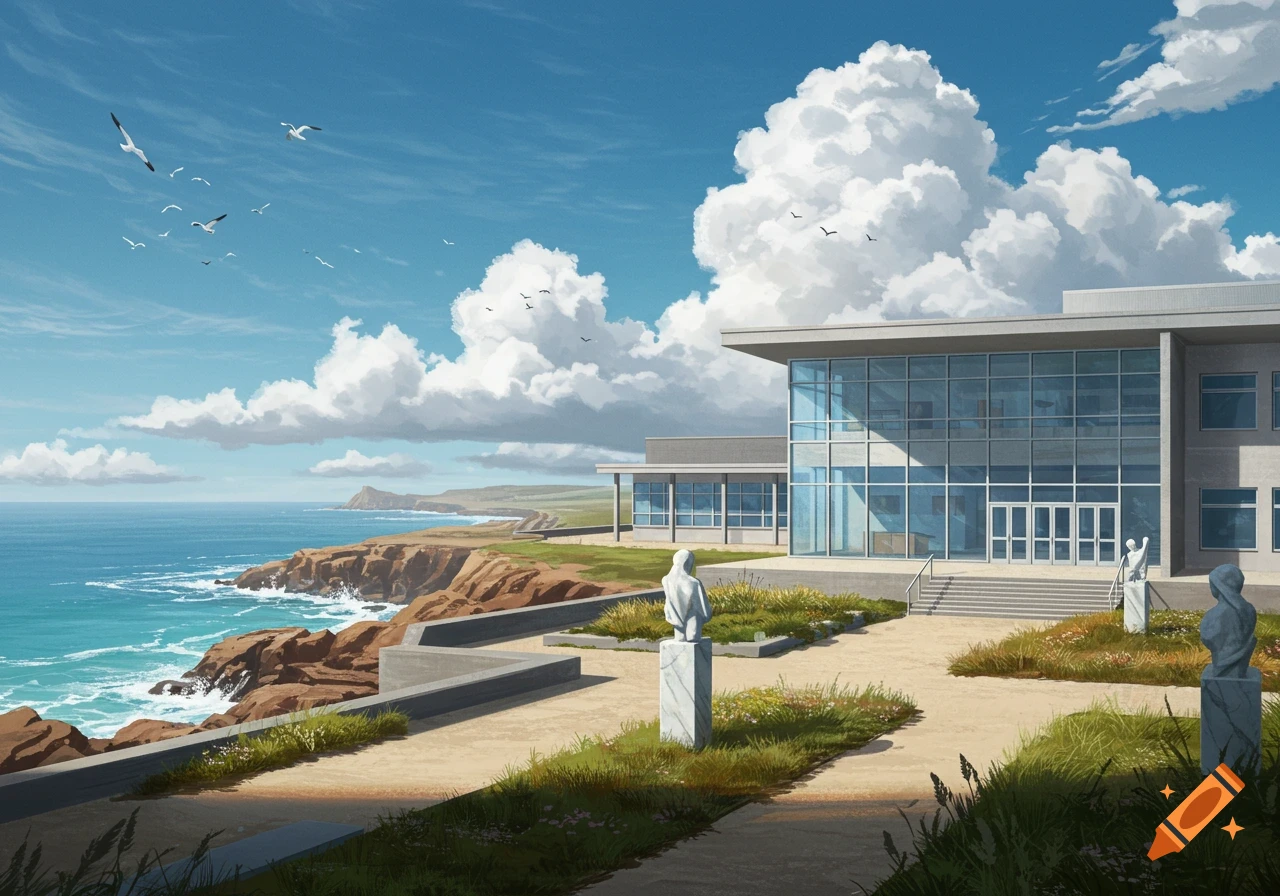 Anime-style illustration of a modern building on a grassy cliff overlooking a vibrant blue ocean under a cloudy sky with seagulls.