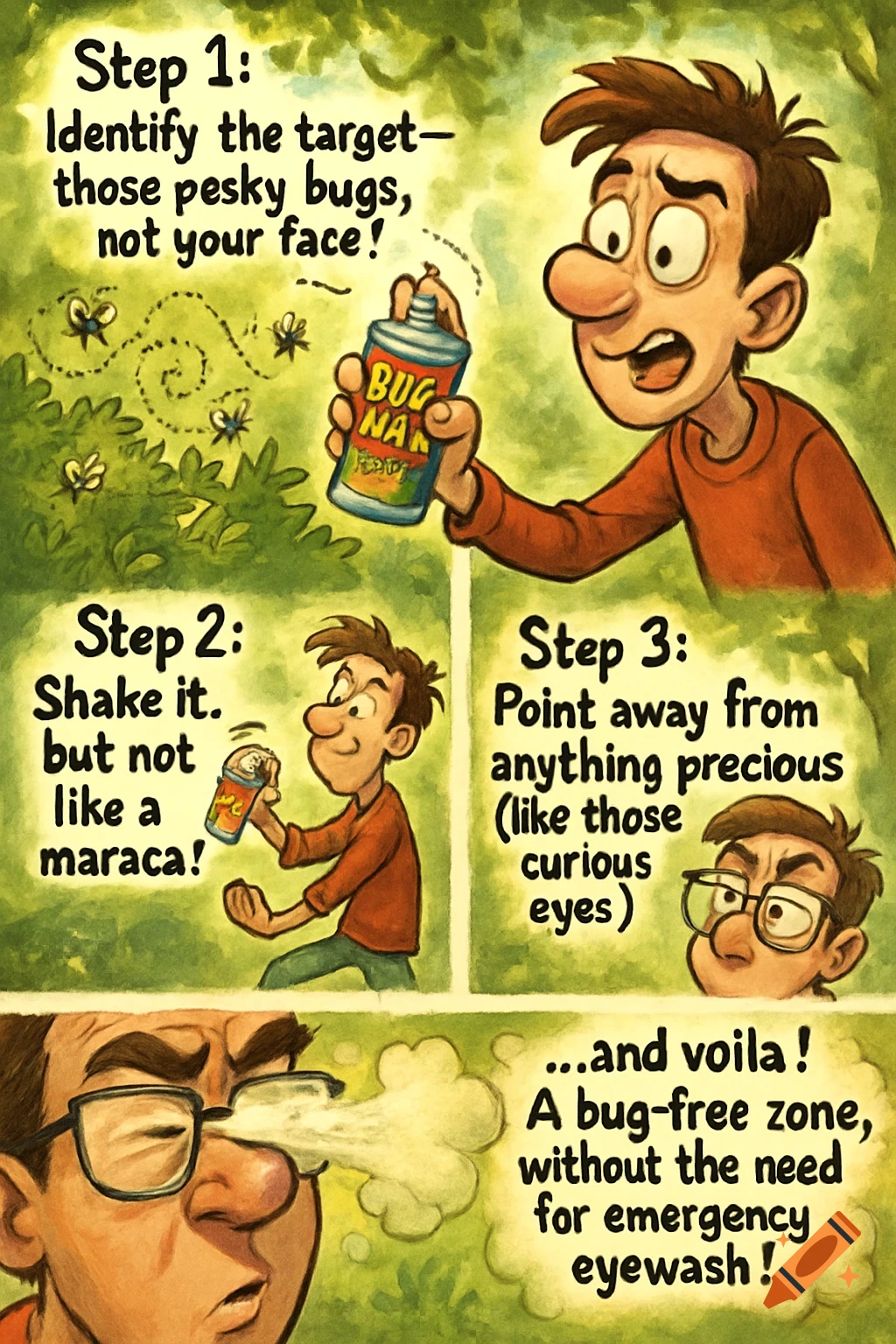 Humorous cartoon showing a man following step-by-step instructions for bug spray, accidentally spraying himself in the eye at the end.