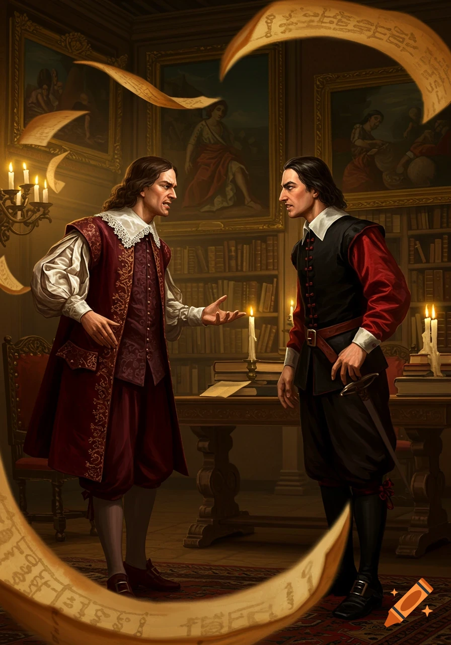 Two men in 17th-century attire argue passionately in a grand library, surrounded by flying scrolls and candlelight.