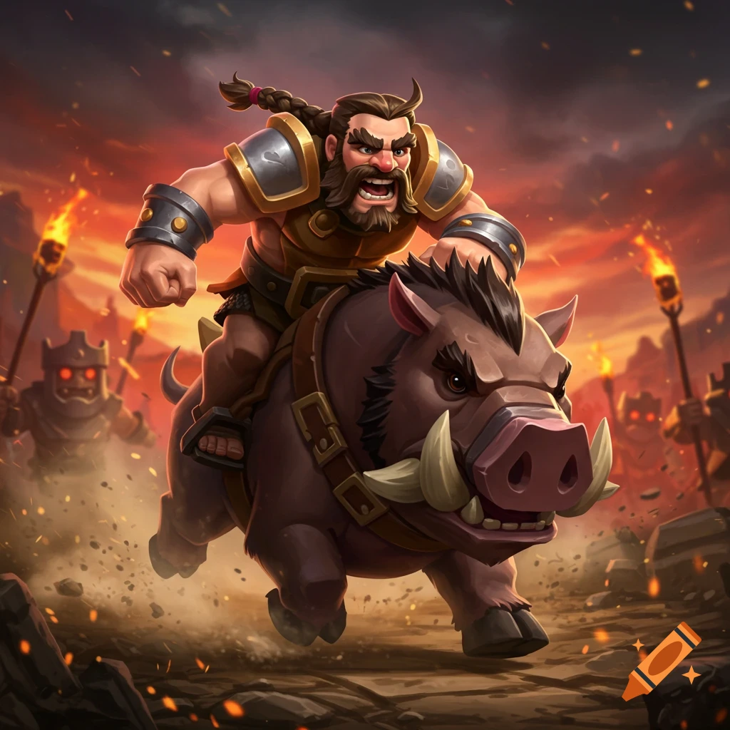 A muscular, bearded fantasy warrior on a boar charges through a fiery battlefield in a stylized, action-packed illustration.
