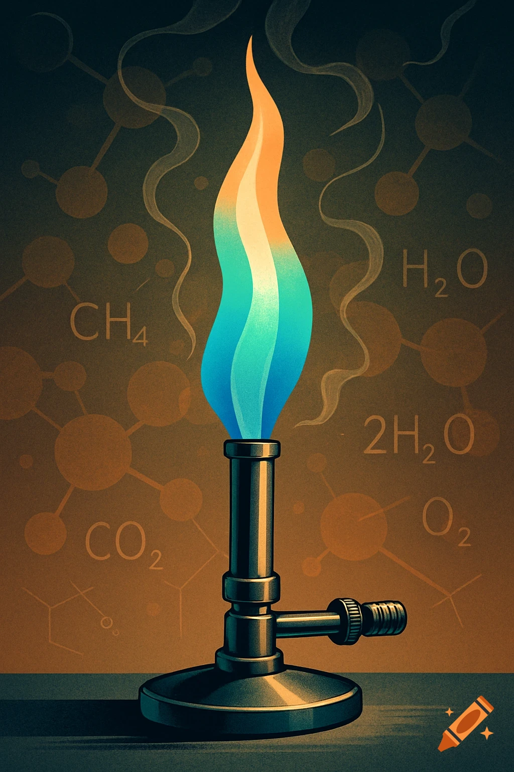 An illustrated poster of a Bunsen burner with a blue and orange flame, surrounded by chemical formulas and molecular structures.