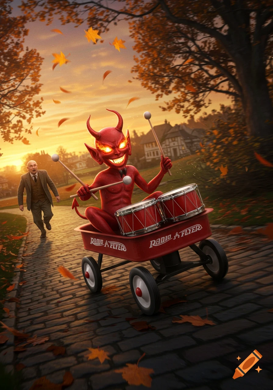 A cartoonish red devil with glowing eyes sits in a red Radio Flyer wagon with drums, being chased by a man on an autumn path.