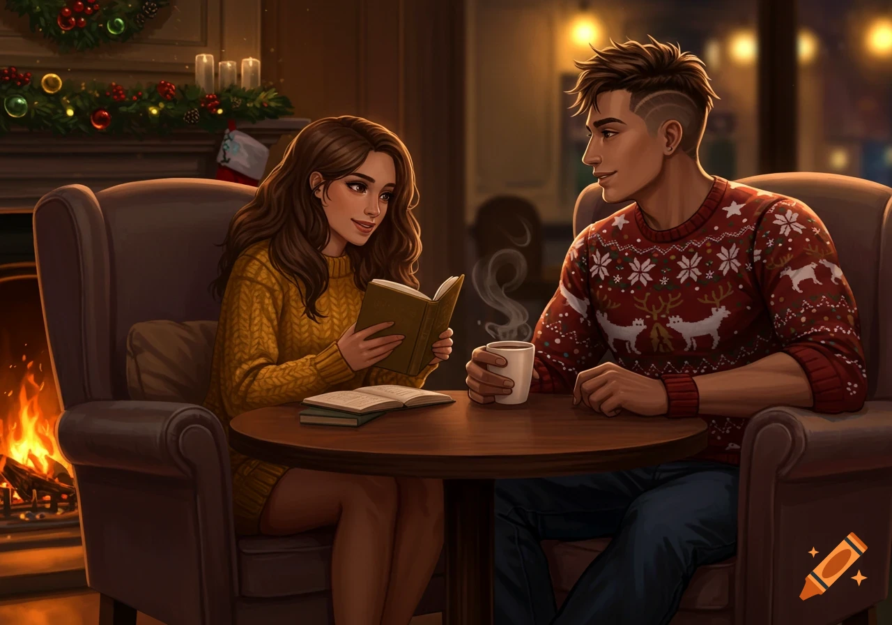 A man and woman in a cozy, warm illustration. The woman reads a book by a fireplace, while the man watches her lovingly.