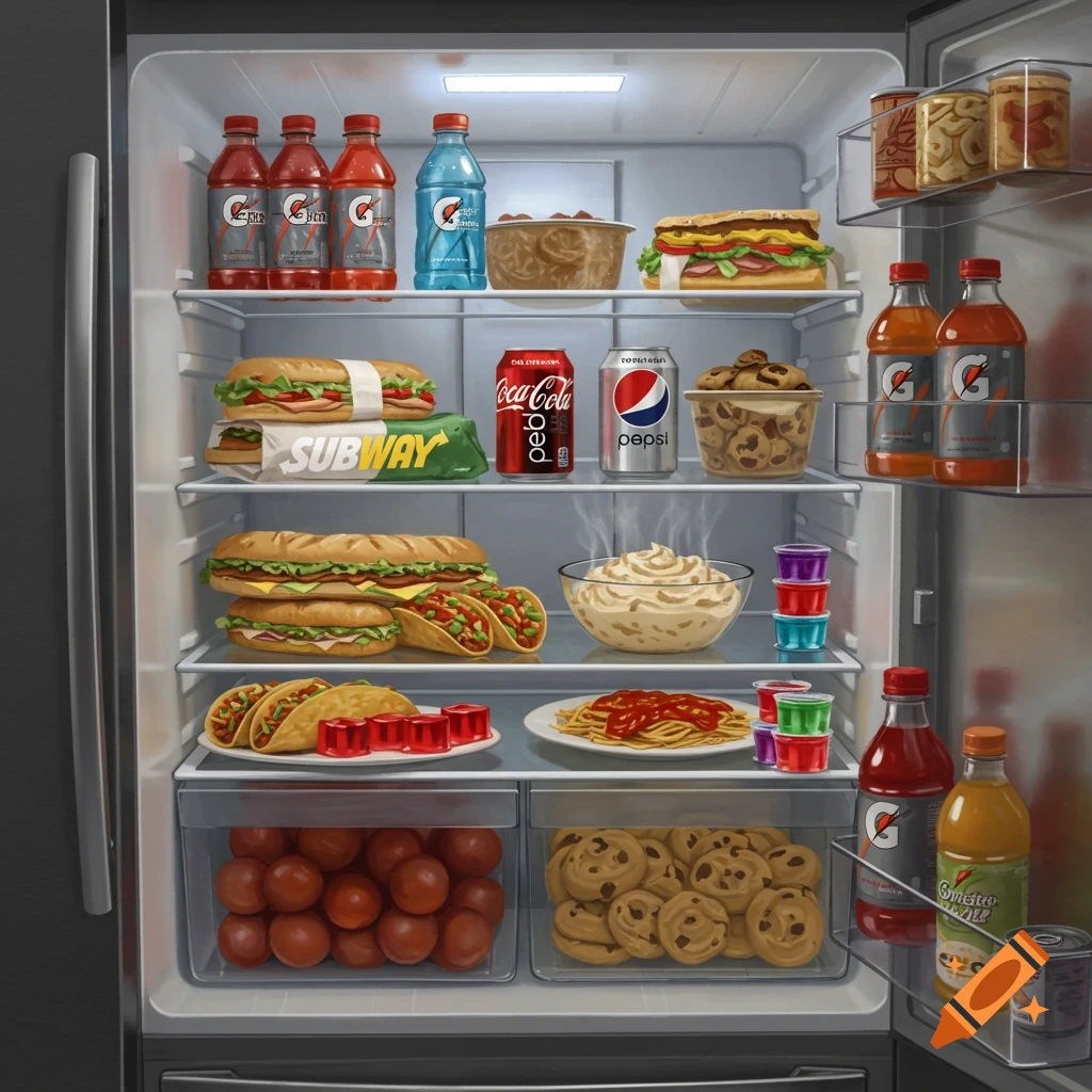 An open refrigerator filled with various food items including Subway sandwiches, Gatorade bottles, Coca-Cola and Pepsi cans, cookies, tacos, spaghetti, and jello shots.