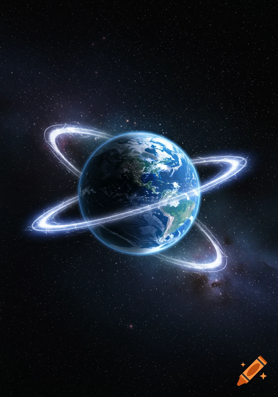 Earth with luminous rings in deep space against a starfield background.
