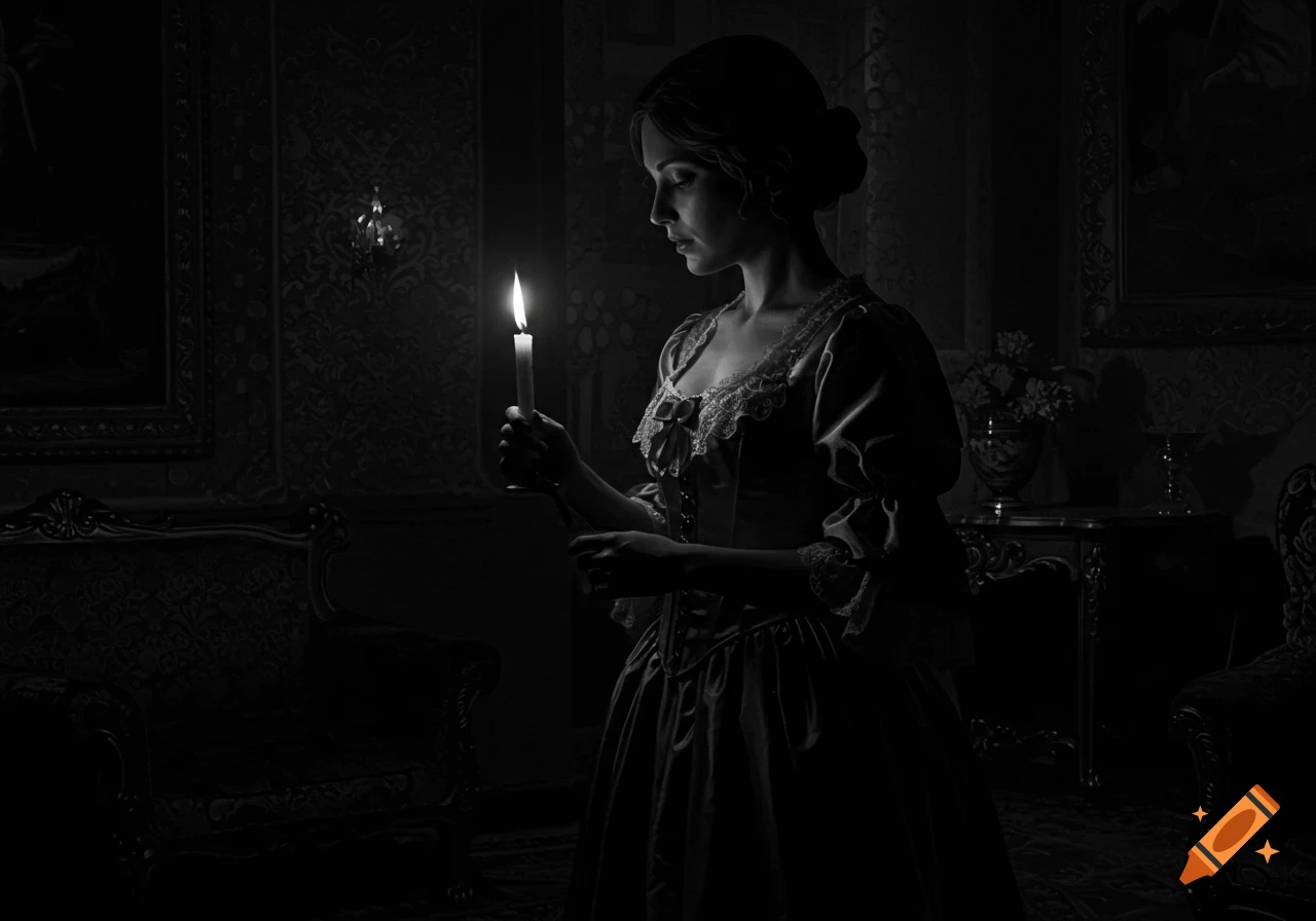 Black and white image of a woman in 19th-century dress holding a lit candle in a dark, ornate room.