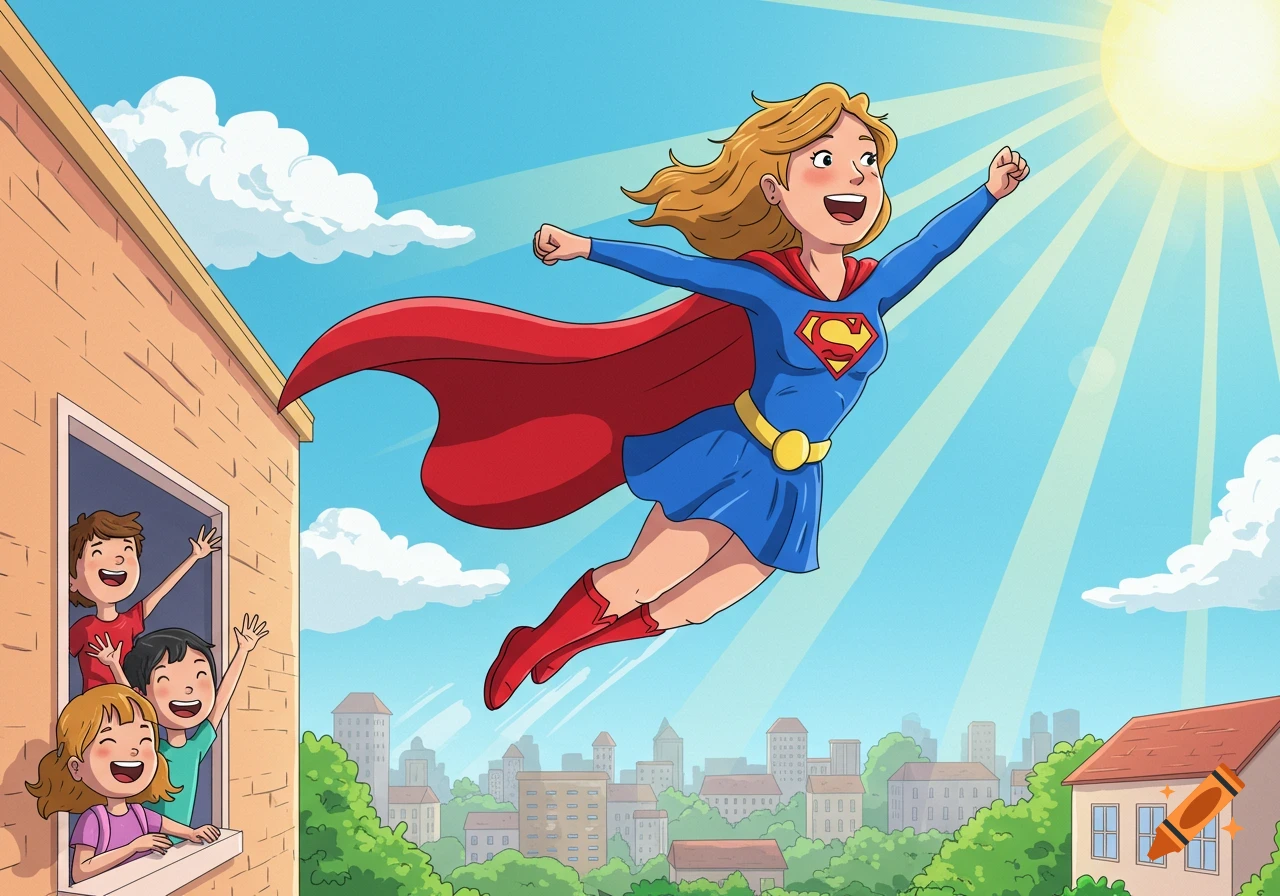 Cartoon Superjuffie flying over a city, with three children waving from a window in a bright, sunny sky.