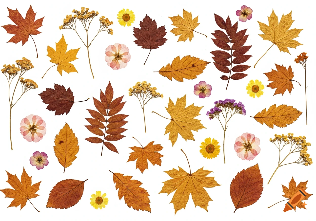 Assortment of pressed fall leaves and dried flowers in various autumnal colors laid out on a white background.