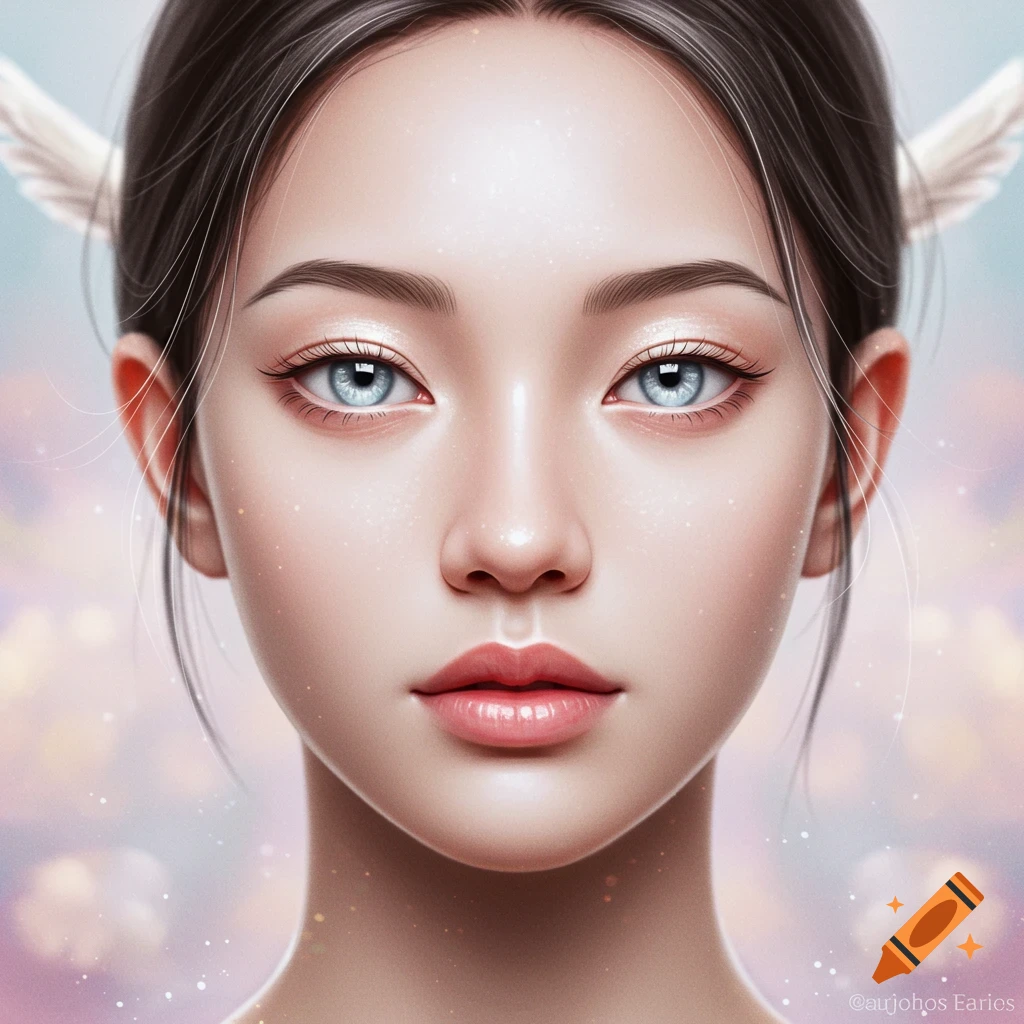 Digital painting of a young woman's face with light blue eyes, dark hair, and small white wings, against a glowing, ethereal background.