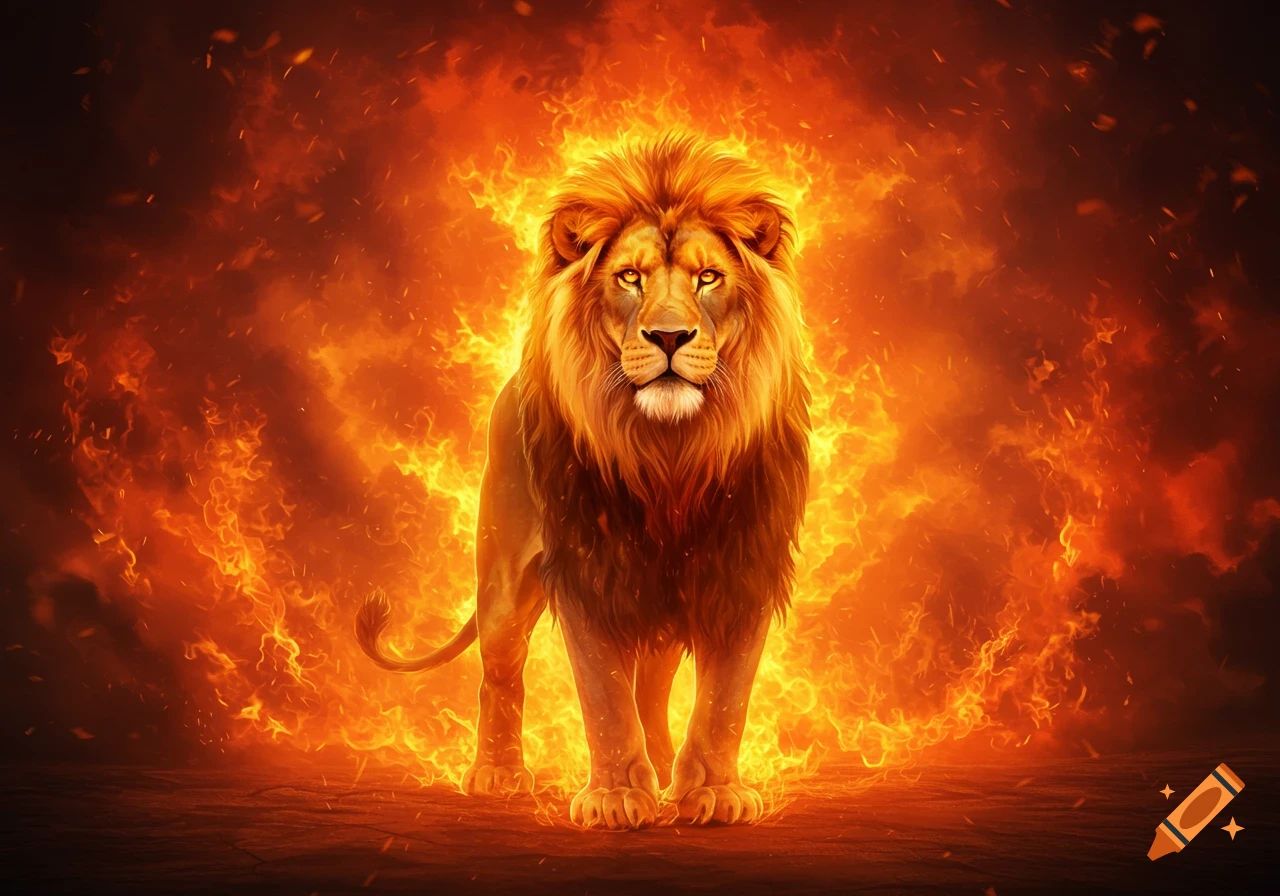 A majestic lion with a golden mane stands boldly amidst a swirling inferno of bright orange and yellow flames.