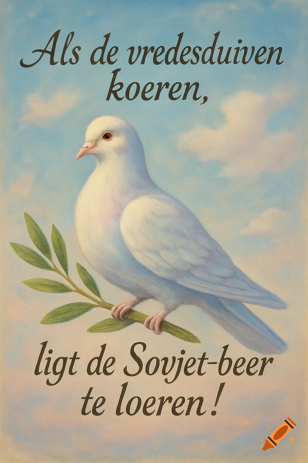 Illustration of a white peace dove with an olive branch against a cloudy sky, with Dutch text about the 'Soviet bear'.