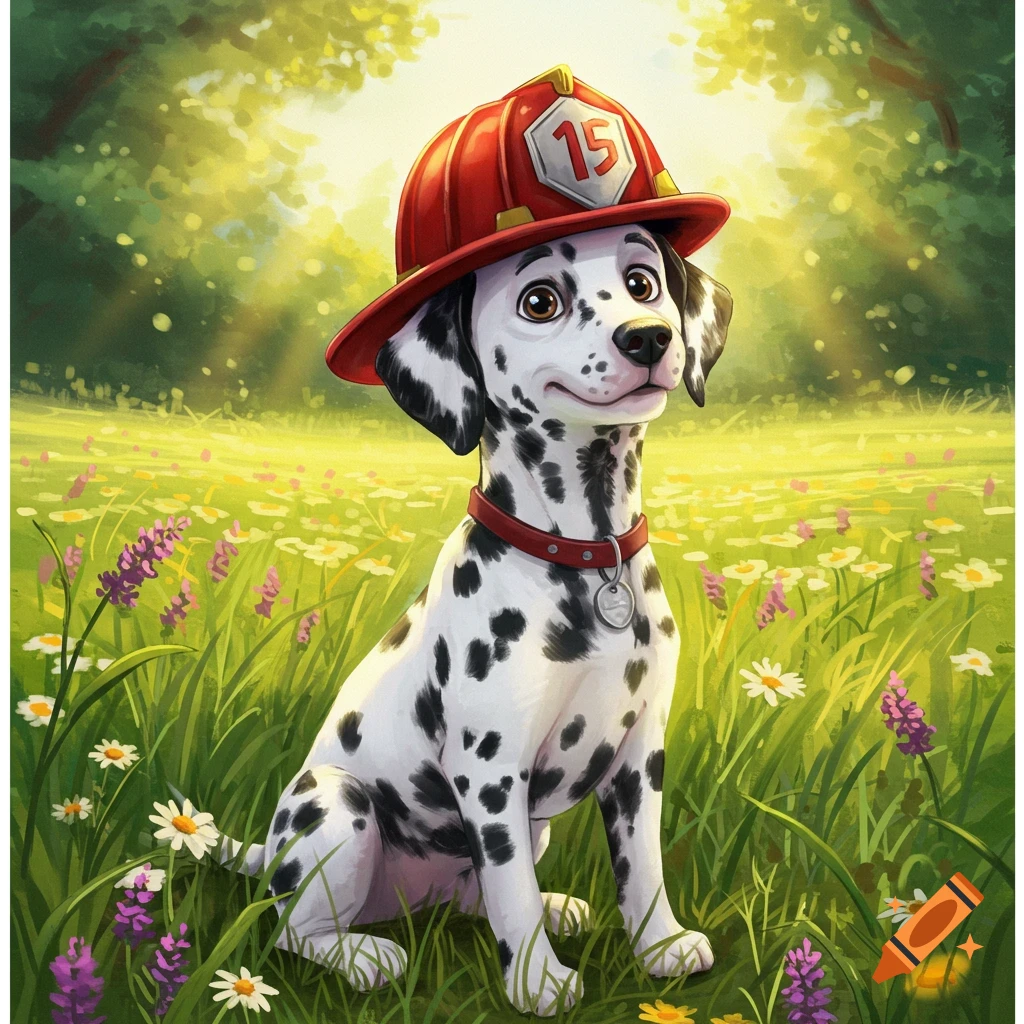 Cute cartoon Dalmatian puppy in a red firefighter helmet with '15' on it, sitting in a sunny field of green grass and wildflowers.