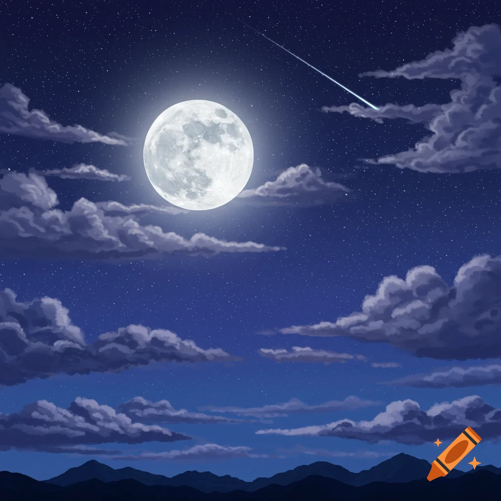 A stylized illustration of a bright full moon in a starry night sky with clouds and silhouetted mountains.