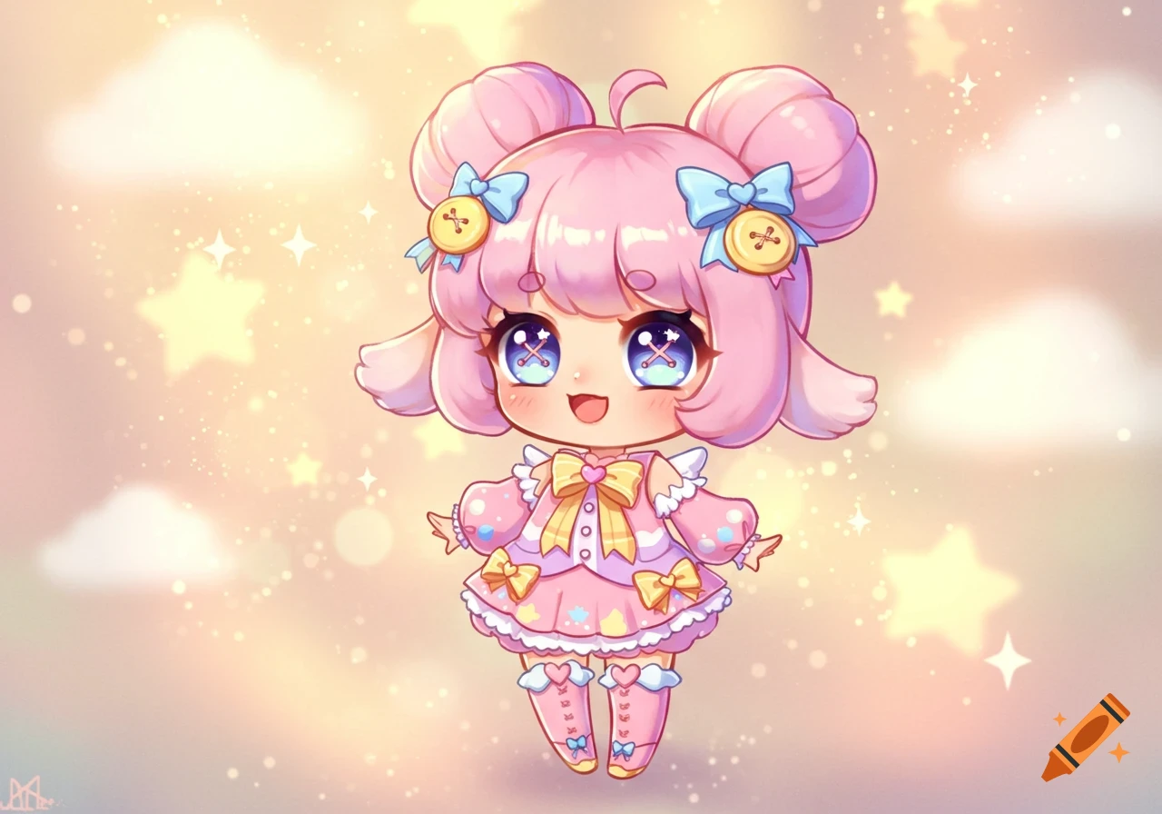 A cute chibi girl with pink hair in buns, blue bows, a pink dress, and rosy cheeks smiles against a sparkling pastel background.
