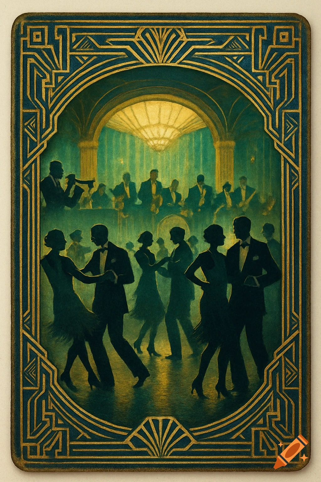 Art Deco illustration of silhouetted couples dancing and a band playing in a Roaring Twenties club, framed by an ornate gold and teal border.
