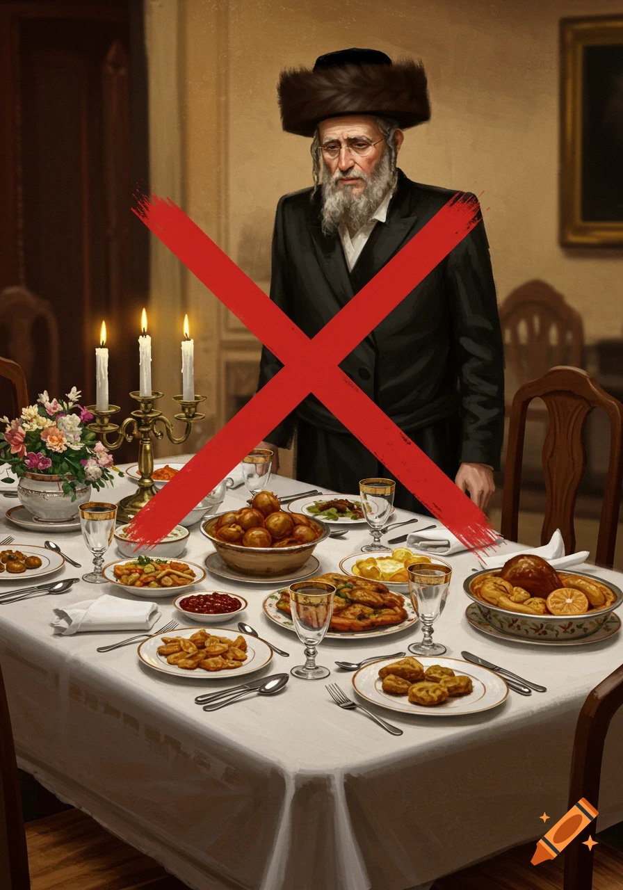 An illustration of an elderly Jewish man in traditional attire standing behind a table laden with food, which has a large red 'X' overlaid on it.