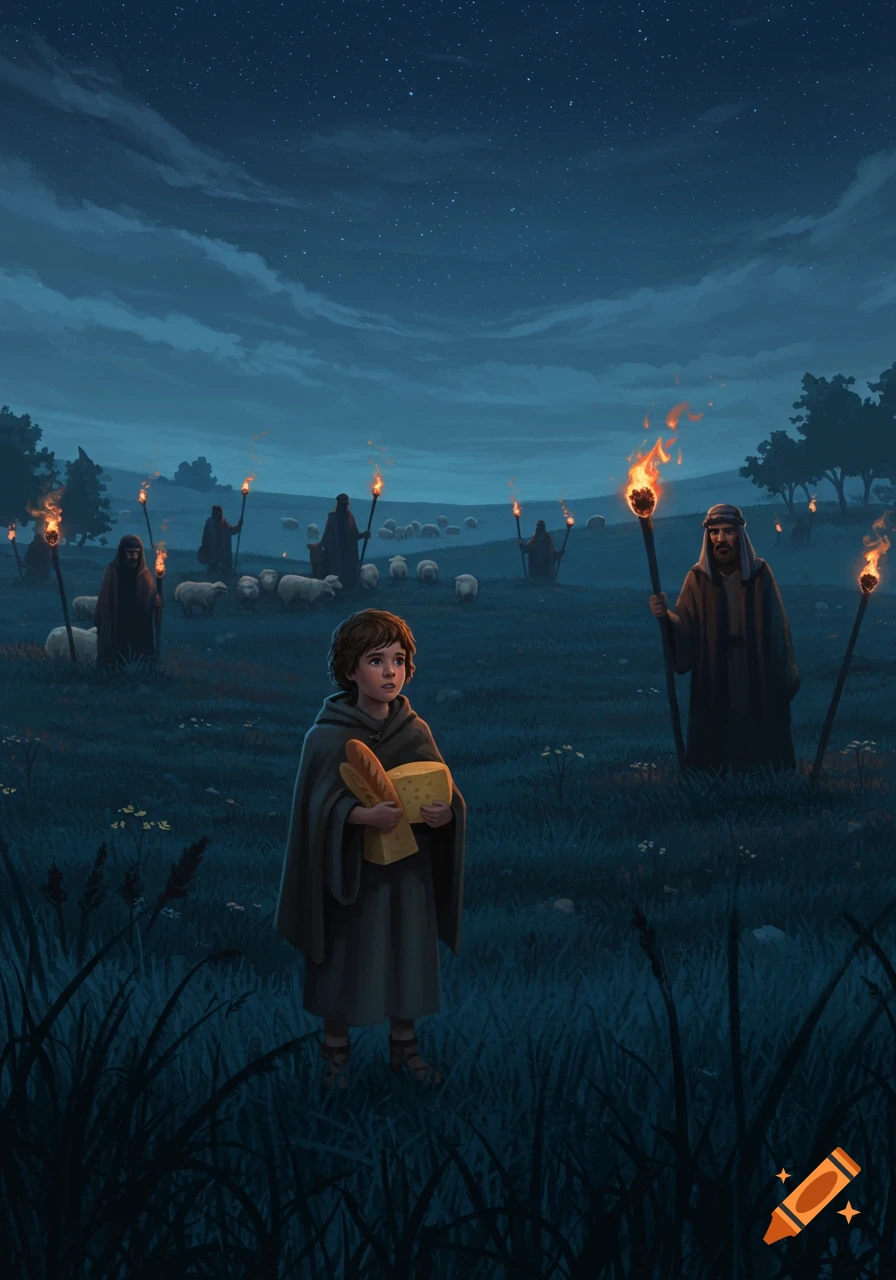 Illustrated scene of a boy holding bread and cheese in a dark field, surrounded by shepherds with torches and sheep at night.