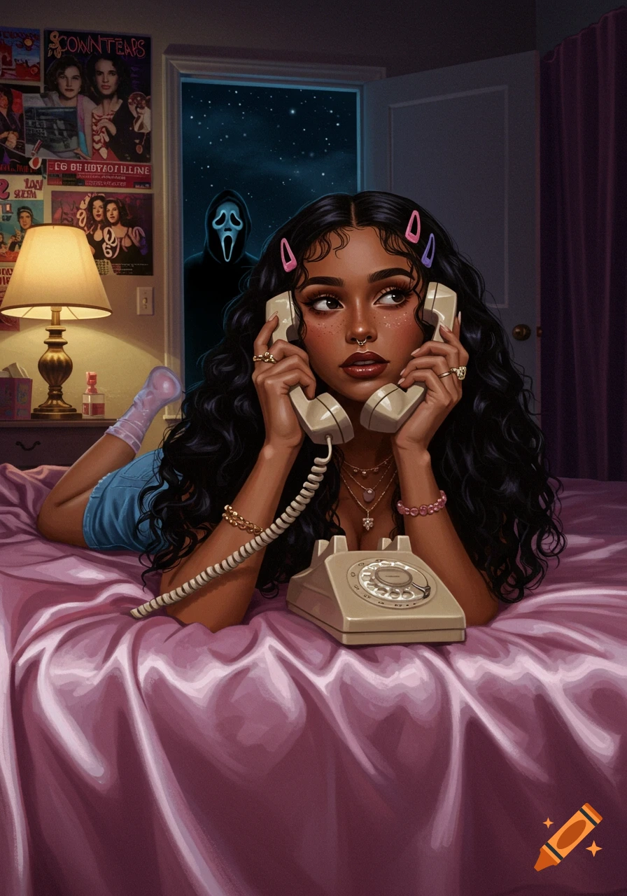 Dreamy Y2K portrait of a woman on a pink satin bed, talking on a corded phone, with Ghostface appearing in the doorway.