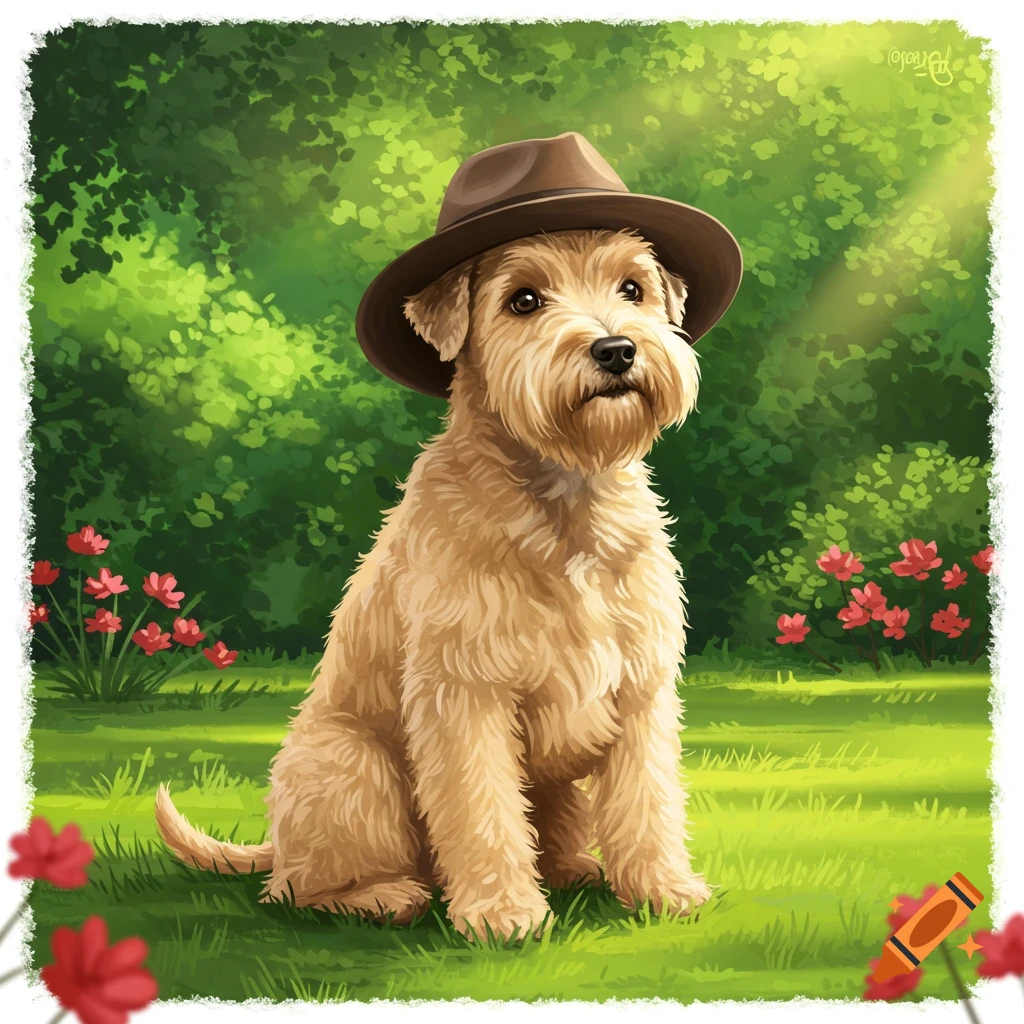 An illustration of a scruffy light brown terrier dog wearing a brown fedora hat, sitting in a sunny green garden with red flowers.