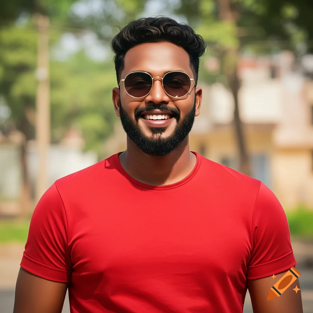 A smiling man with a beard and sunglasses wears a red t-shirt outdoors with a blurred natural background.