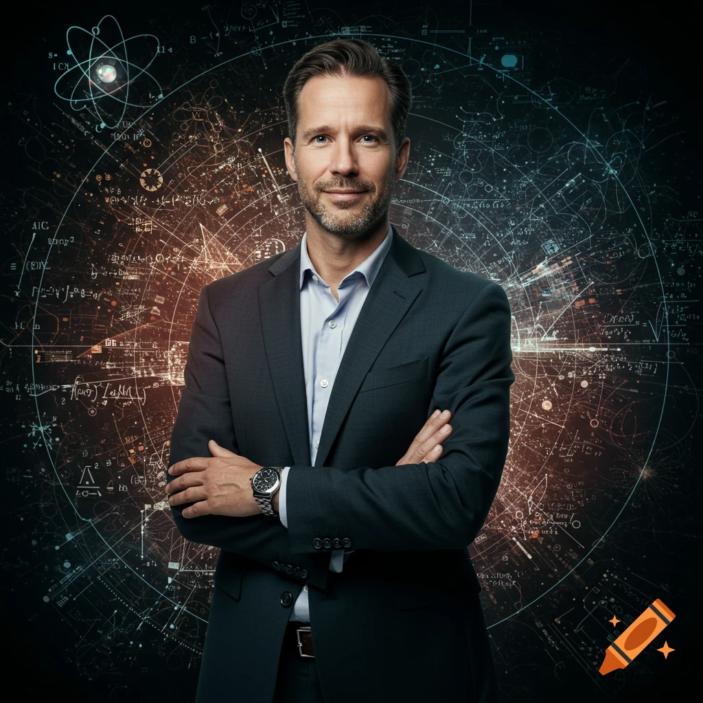 A smiling man in a dark suit with crossed arms stands against a background of glowing scientific equations and an atom model.