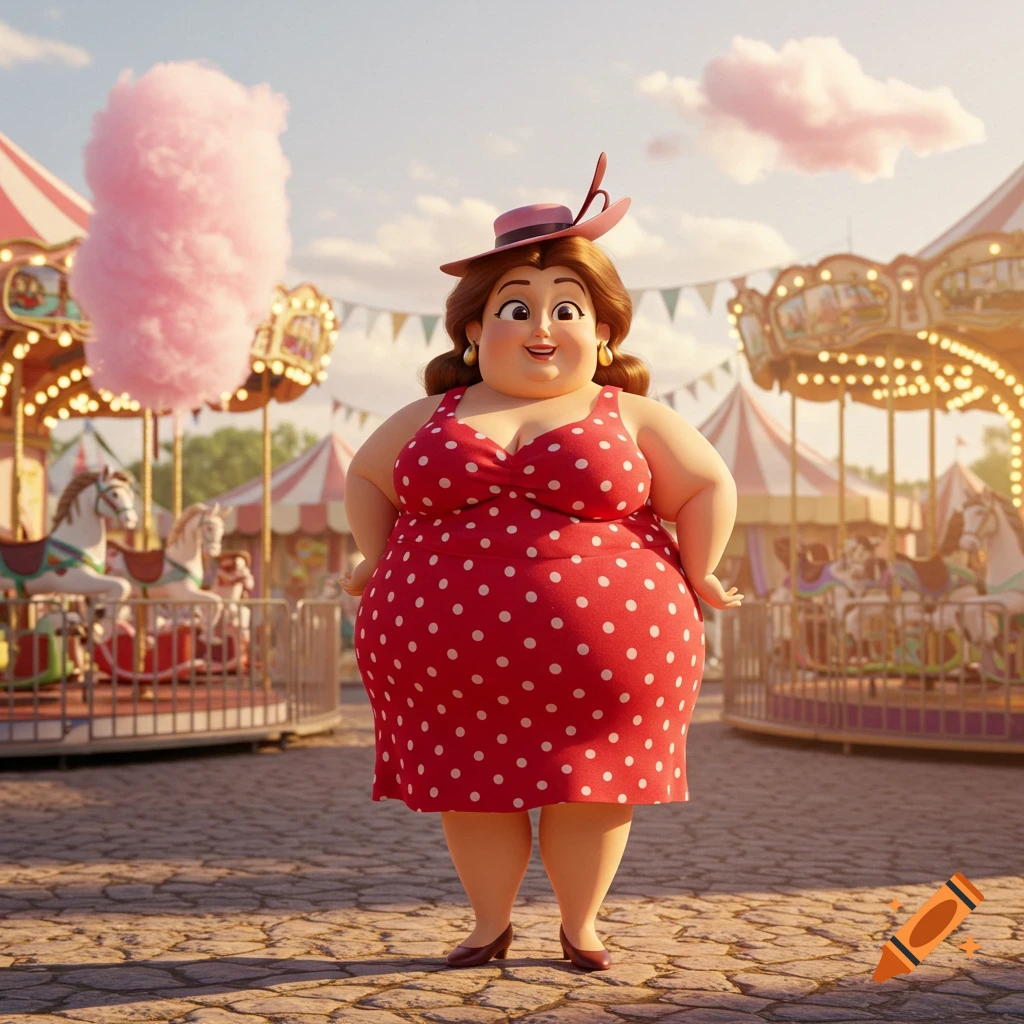A smiling cartoon woman in a red polka-dot dress stands at a sunny carnival with a carousel and cotton candy.