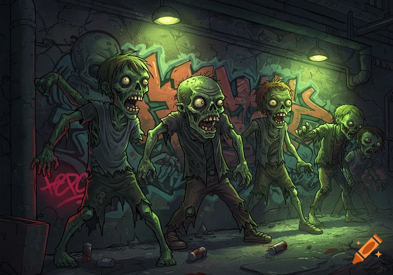 Cartoonish zombies with green skin and tattered clothes in a dark, graffiti-covered alley under a green light.