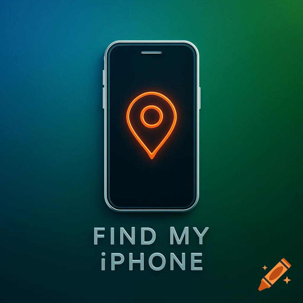 A smartphone displaying a glowing orange location pin icon with the text "FIND MY iPHONE" below, on a dark green and blue gradient background.