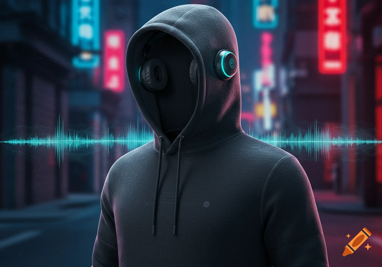 A person in a black hoodie and futuristic glowing headphones stands in a neon-lit cyberpunk city street with a sound wave graphic.