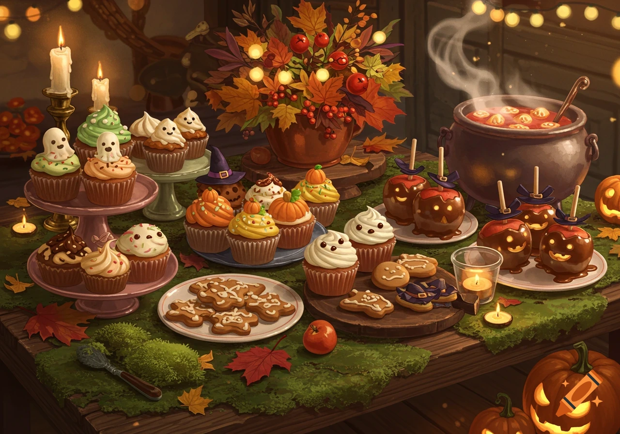 A festive Halloween table with cute ghost and pumpkin cupcakes, candied apples, cookies, a steaming cauldron, and autumn decor.