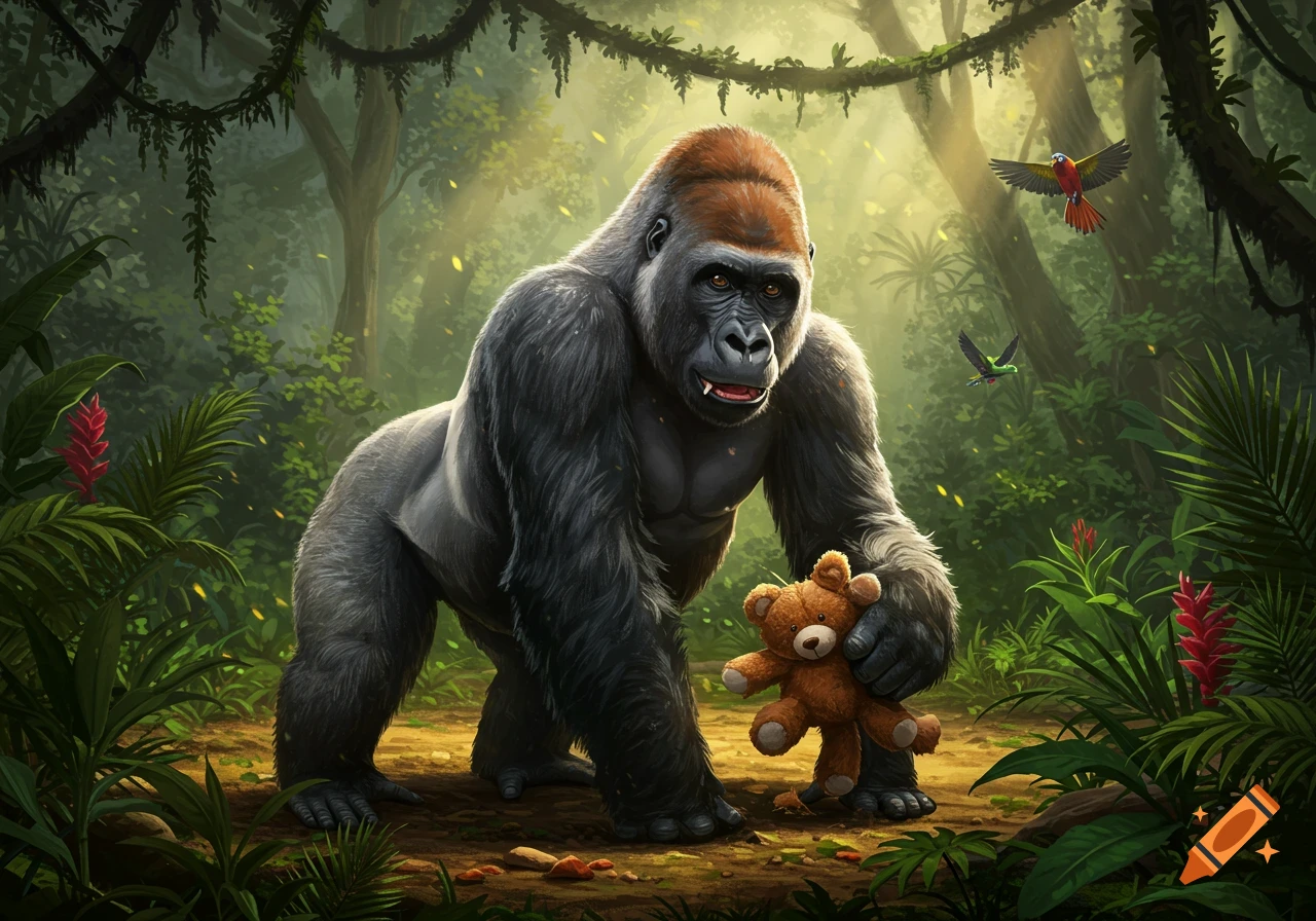A large, friendly-looking gorilla in a lush jungle holds a small brown teddy bear. Birds fly in the sunny background.