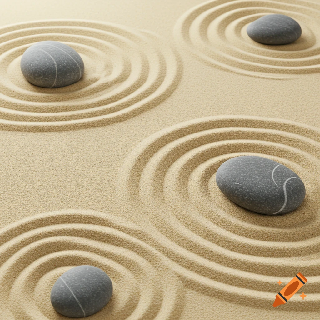 Aerial view of a zen garden with four smooth grey river stones on raked beige sand patterns.