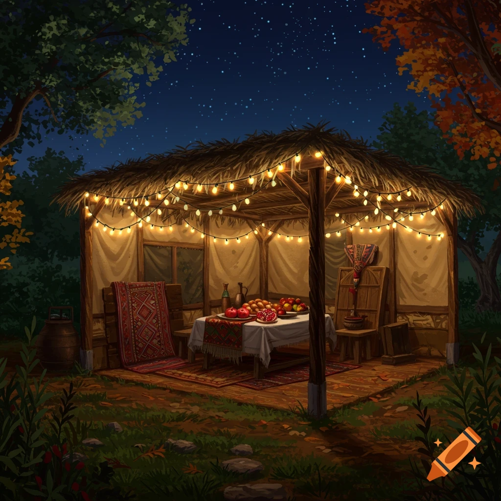An illustrative Sukkah, a Jewish holiday hut, at night, lit by string lights, with a table full of fruit.