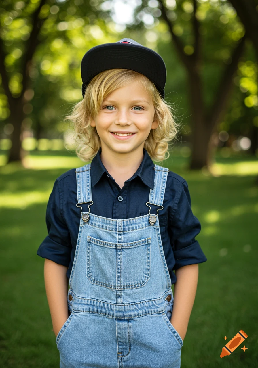 A smiling young boy with blonde curly hair and blue eyes, wearing a black cap and denim overalls, in a lush green park with blurred trees.