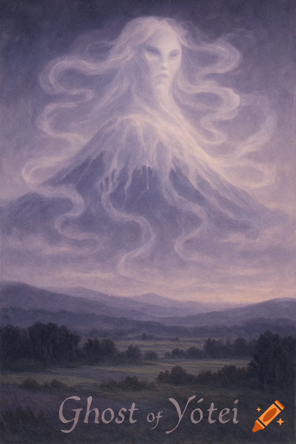 Ethereal ghostly woman with flowing hair emerging from a purple mountain overlooking a twilight landscape with fields and hills, titled 'Ghost of Yōtei'.
