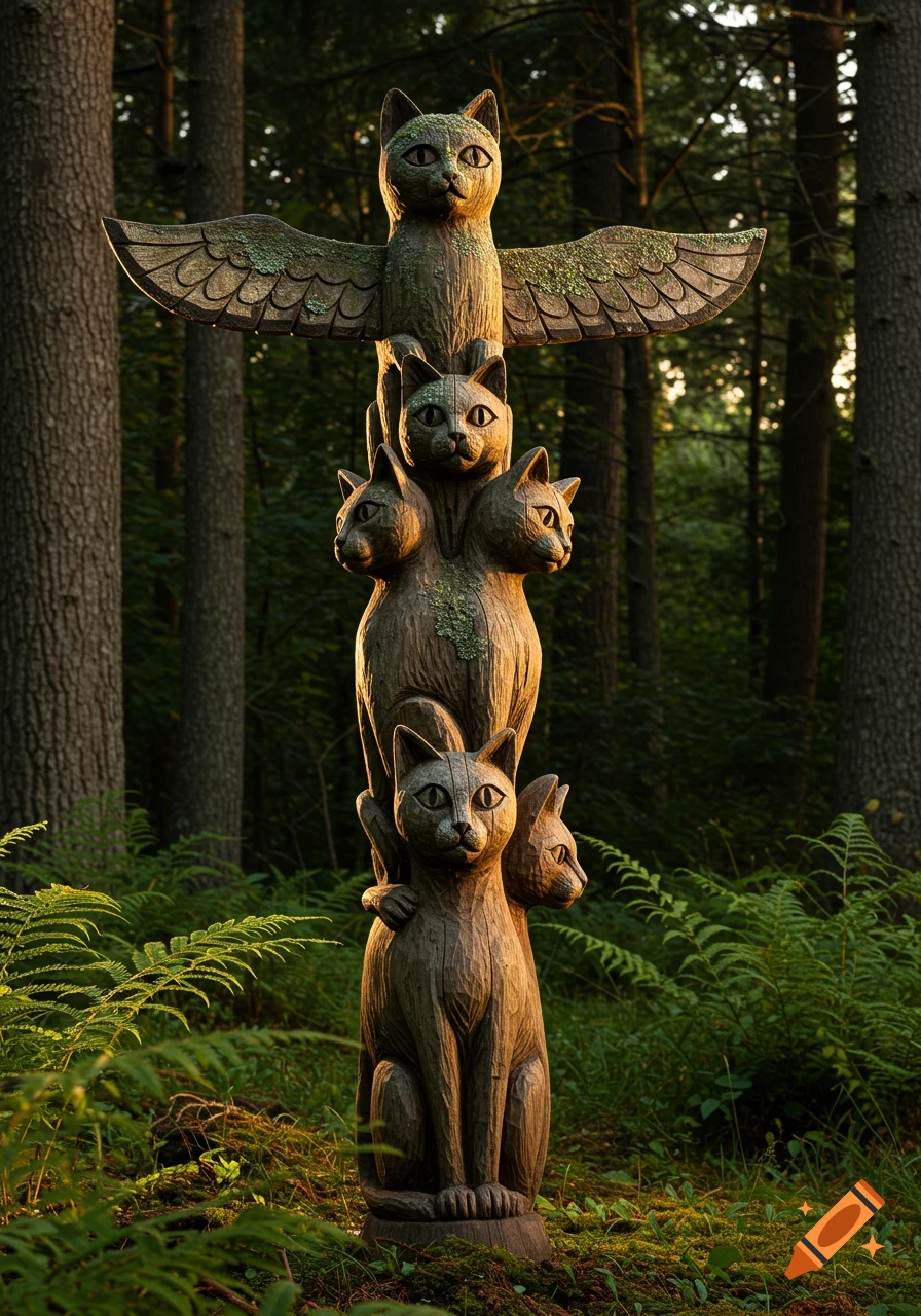 A weathered wooden totem pole sculpted with multiple cat figures, standing amidst green ferns and trees in a sunlit forest.