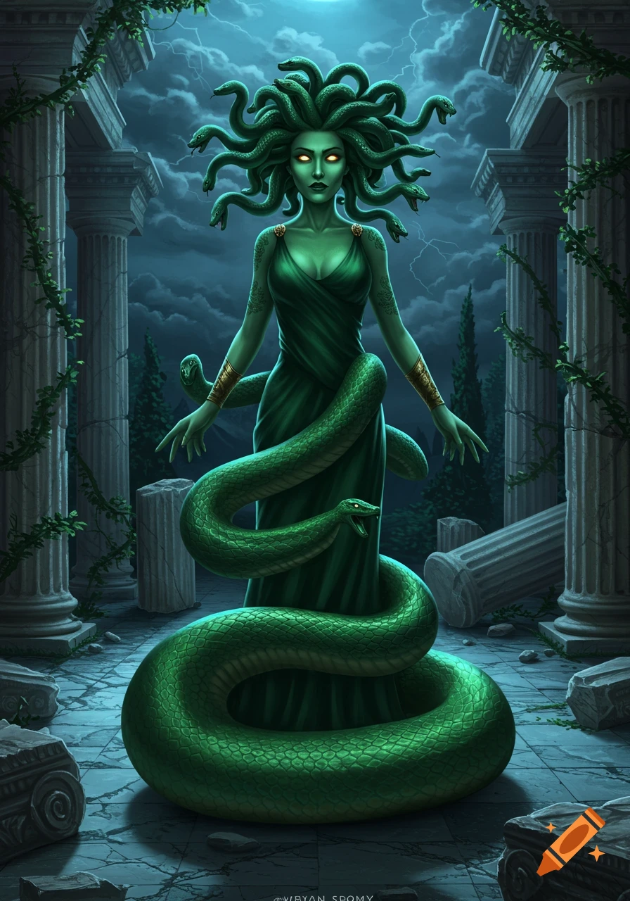 A digital painting of Medusa, with snake hair and glowing eyes, wearing a green dress, surrounded by coiled snakes and ruined Greek columns at night.