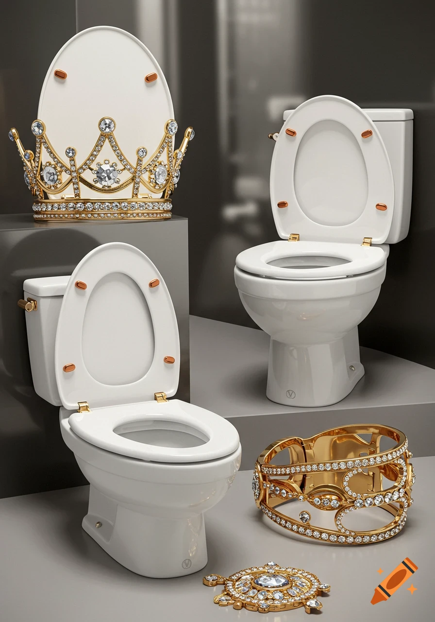 Three white toilets with gold accents, one with a jeweled crown. A diamond bracelet and brooch are on the floor.