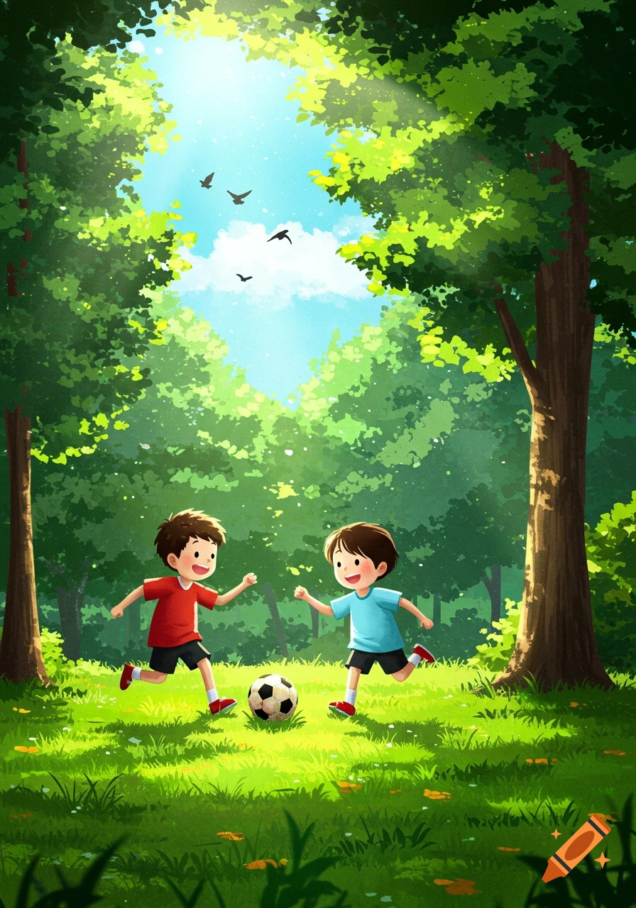 Two happy cartoon boys play soccer in a sunny, lush green forest with birds, in a vibrant digital illustration style.