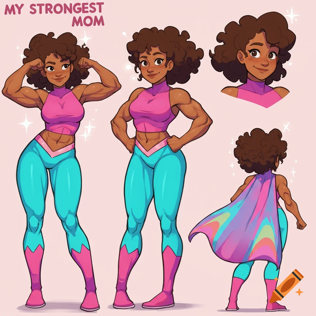 Cartoon model sheet of a muscular woman with curly hair, in pink and teal superhero costume, posing in various views with a cape.