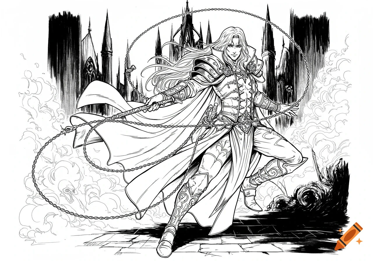 Dynamic black line art of a long-haired male vampire hunter in ornate armor, cape, and whip, posing before a gothic castle.