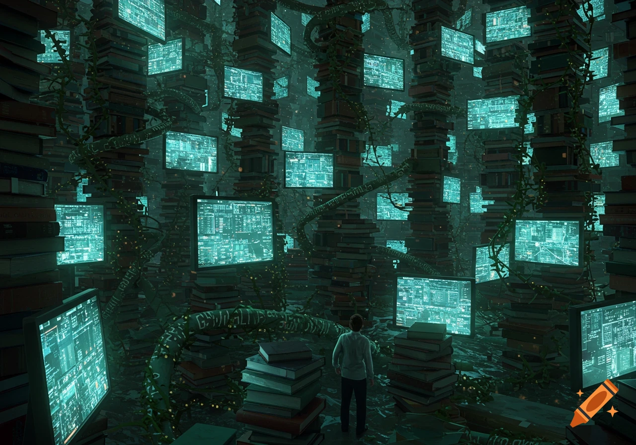 A student stands in a surreal maze of towering book stacks and glowing computer screens covered in data, intertwined with glowing vines.