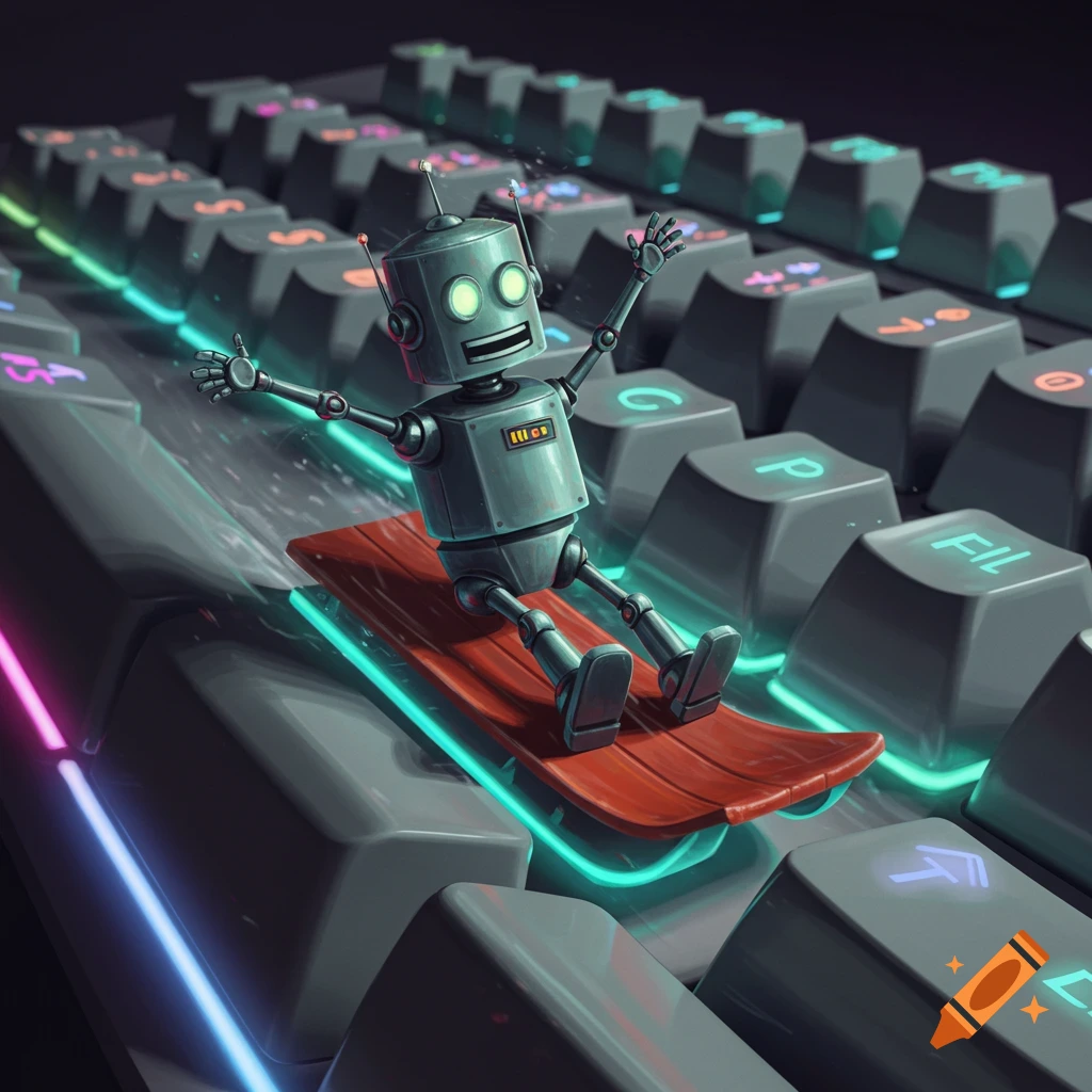 A playful robot sleds down a colorful, glowing keyboard, with its arms outstretched in excitement, in a vibrant illustration style.