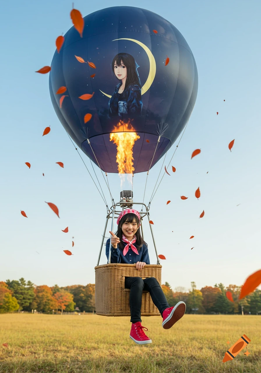 Photorealistic portrait of a smiling Japanese student giving a thumbs up in a hot air balloon over an autumn meadow.