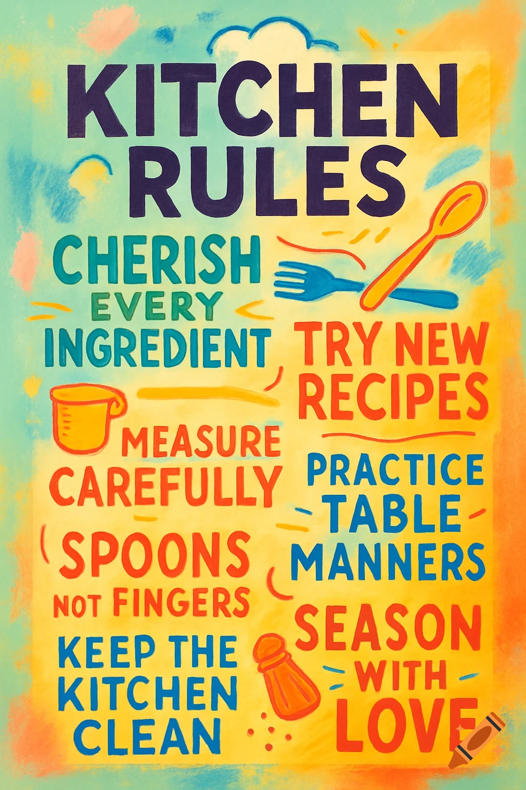 A colorful kitchen rules poster in a vibrant chalk art style.