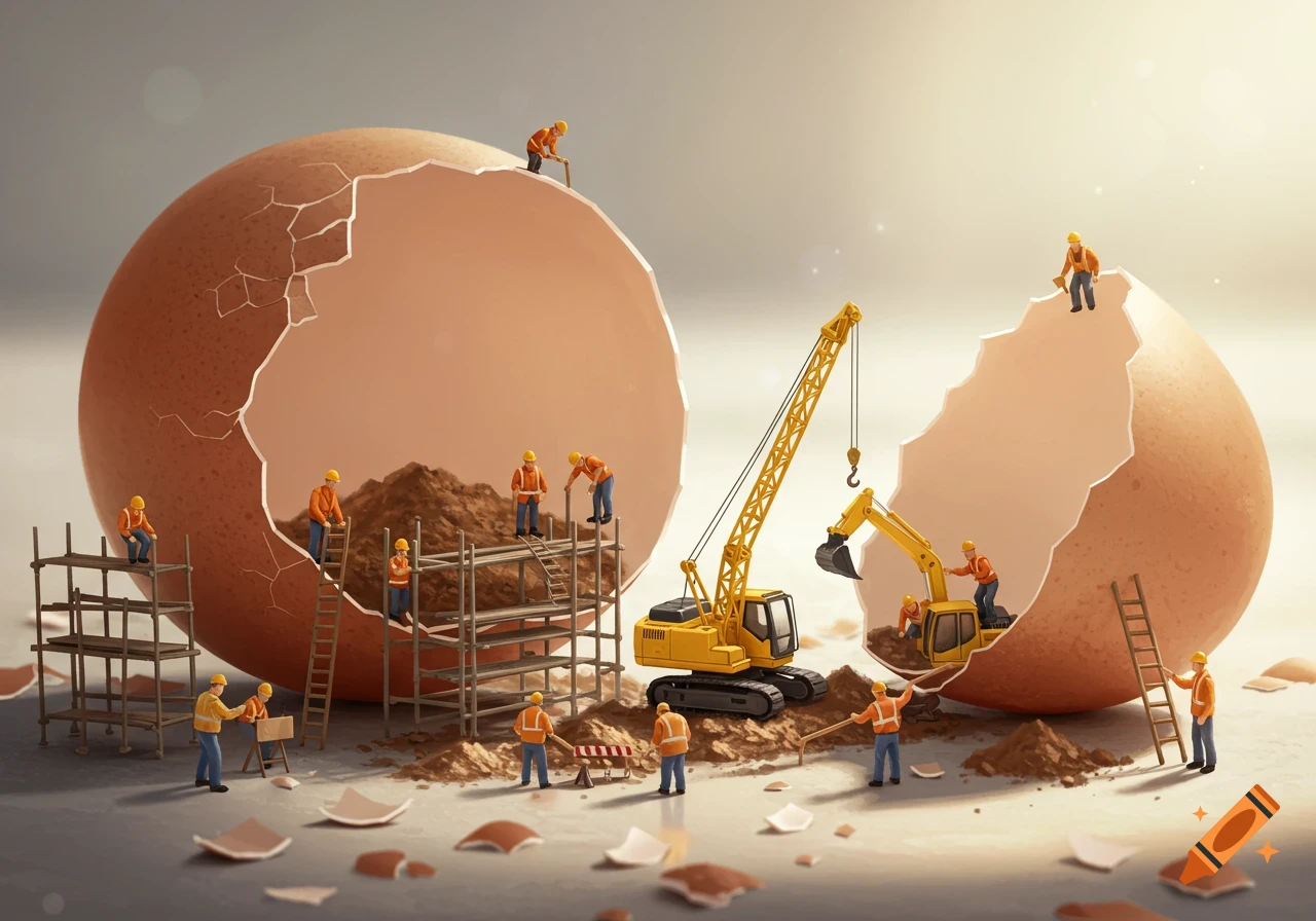 Miniature construction workers with excavators and scaffolding working on and around giant broken eggshells.