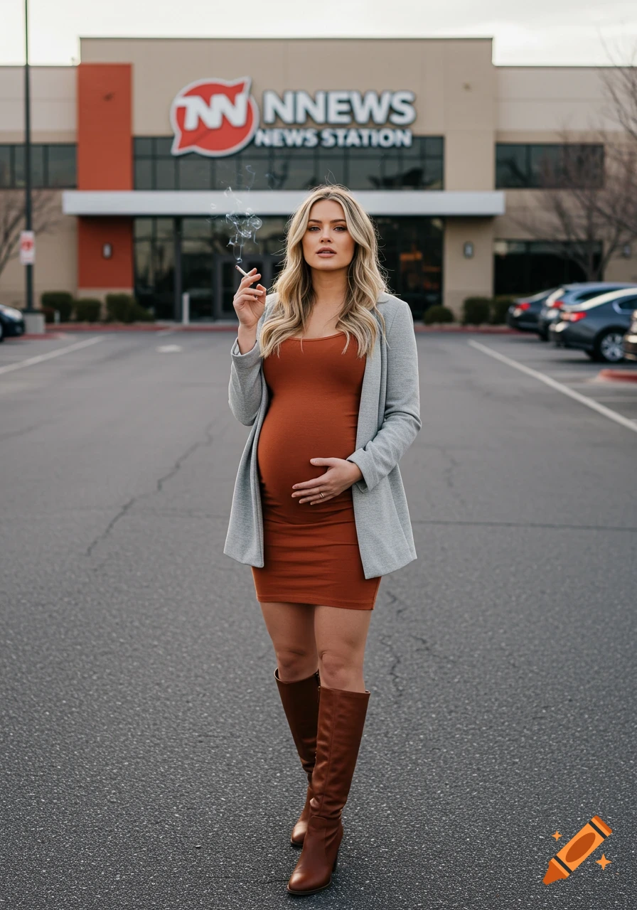 A pregnant woman in a rust-orange dress, gray blazer, and brown boots smokes a cigarette in a parking lot outside a news station.